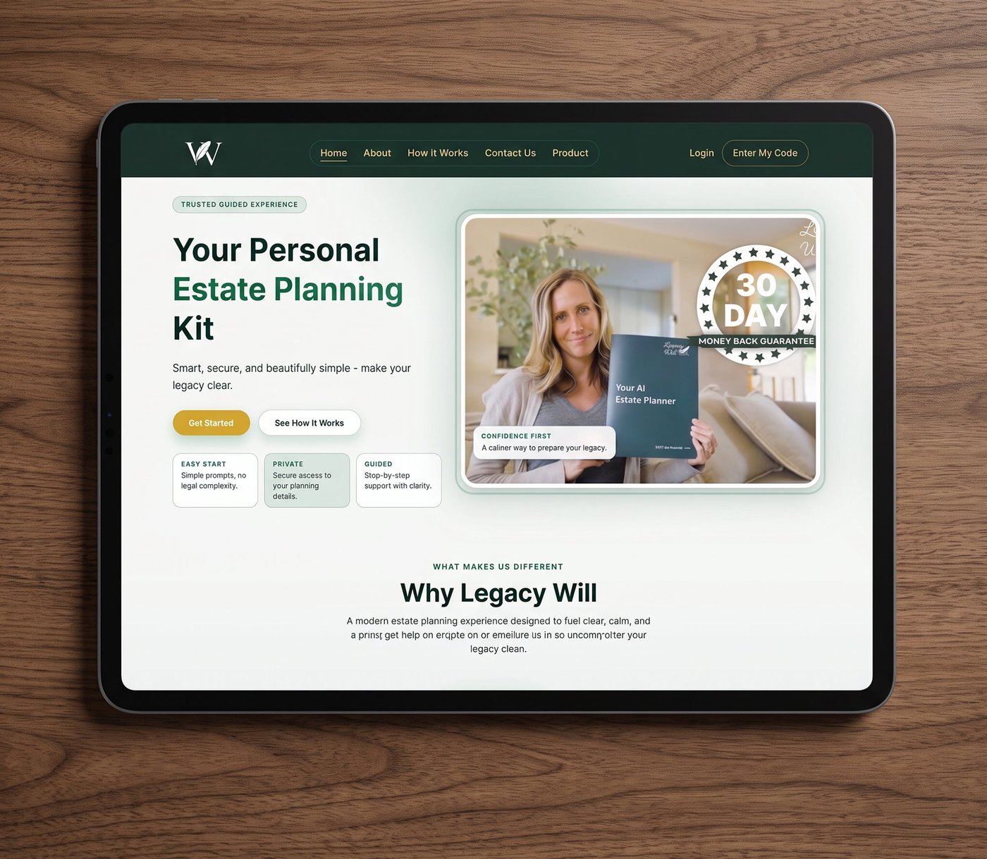 Tablet showing the Legacy Will homepage, described as a personal estate planning kit with a 30-day money-back guarantee badge