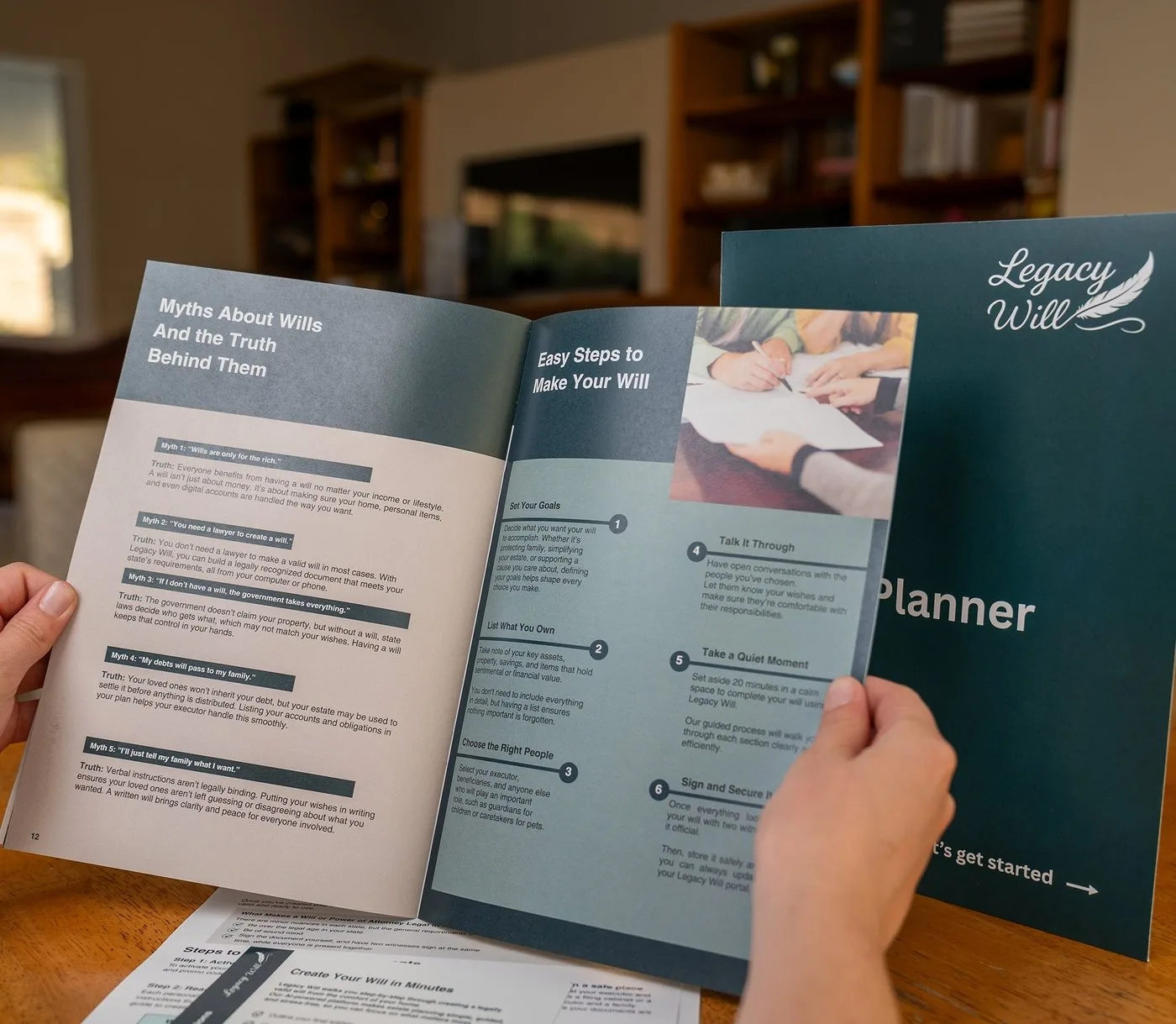 Printed booklet showing common myths about wills and the truth behind them, alongside a step-by-step guide to making a will