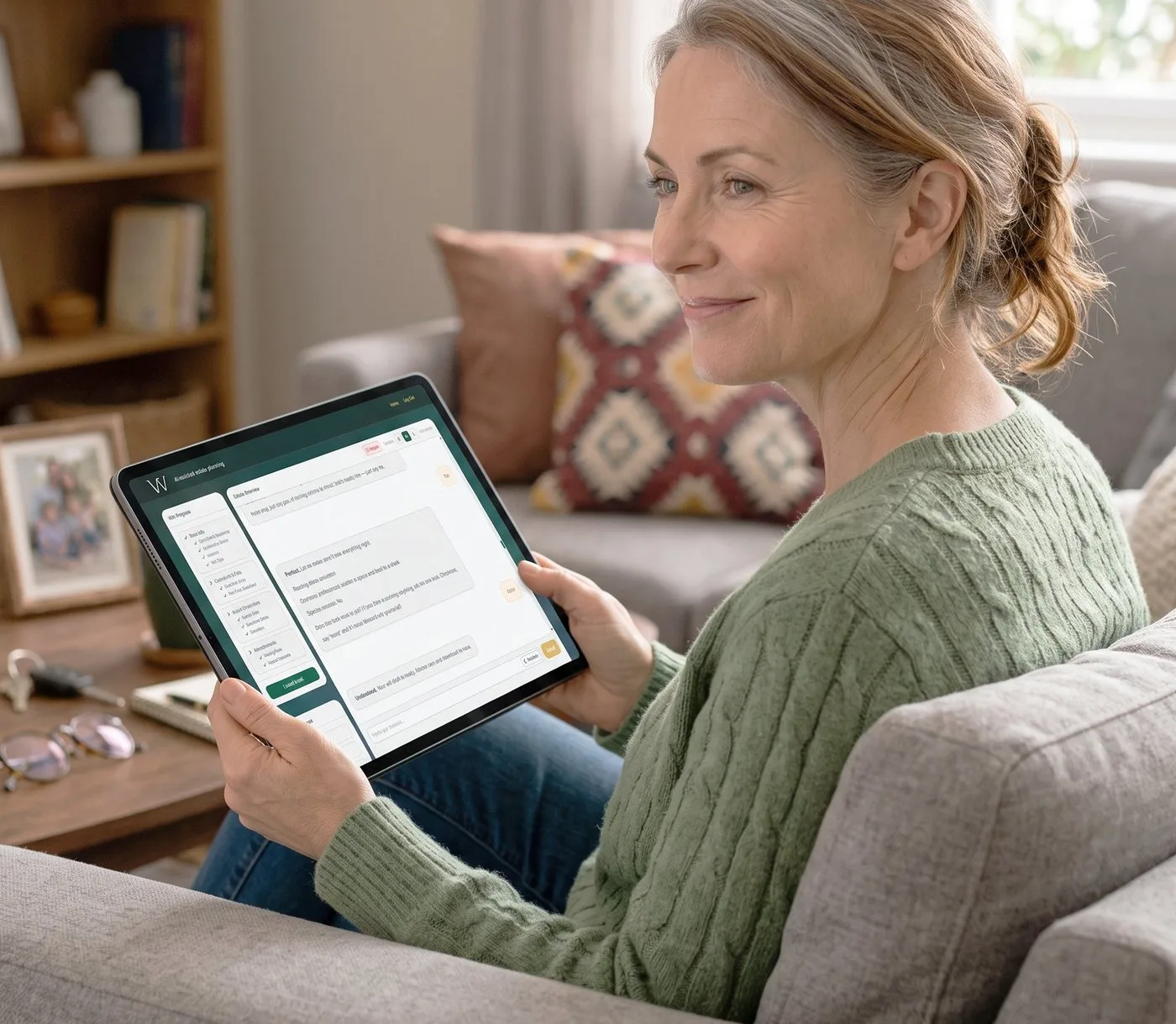 Woman relaxed on a couch reviewing her completed will draft on a tablet