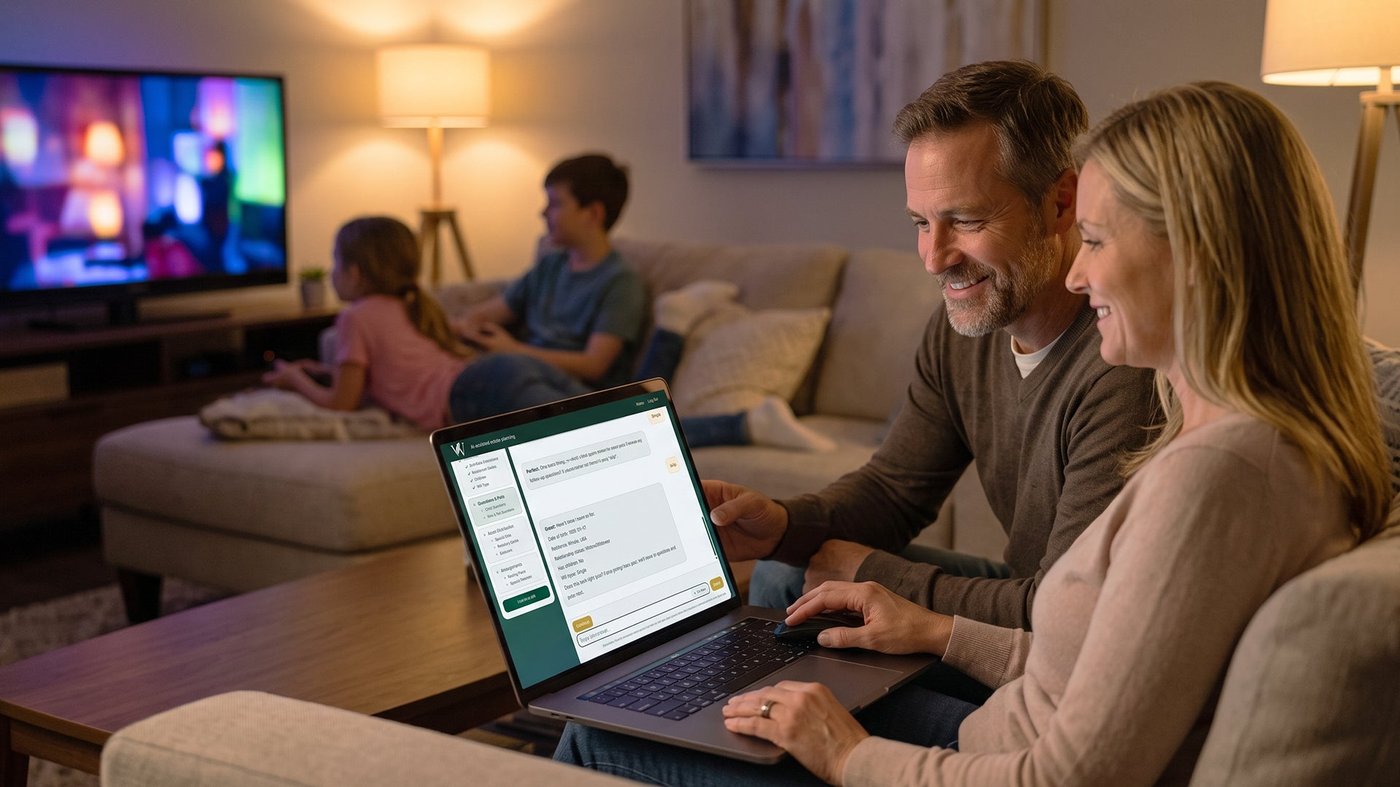 Woman on a couch using a tablet to complete the Legacy Will guided questionnaire