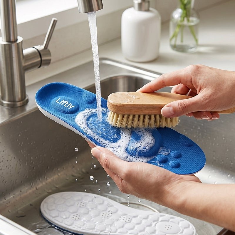 Person washing Liftly insole under running water in a sink