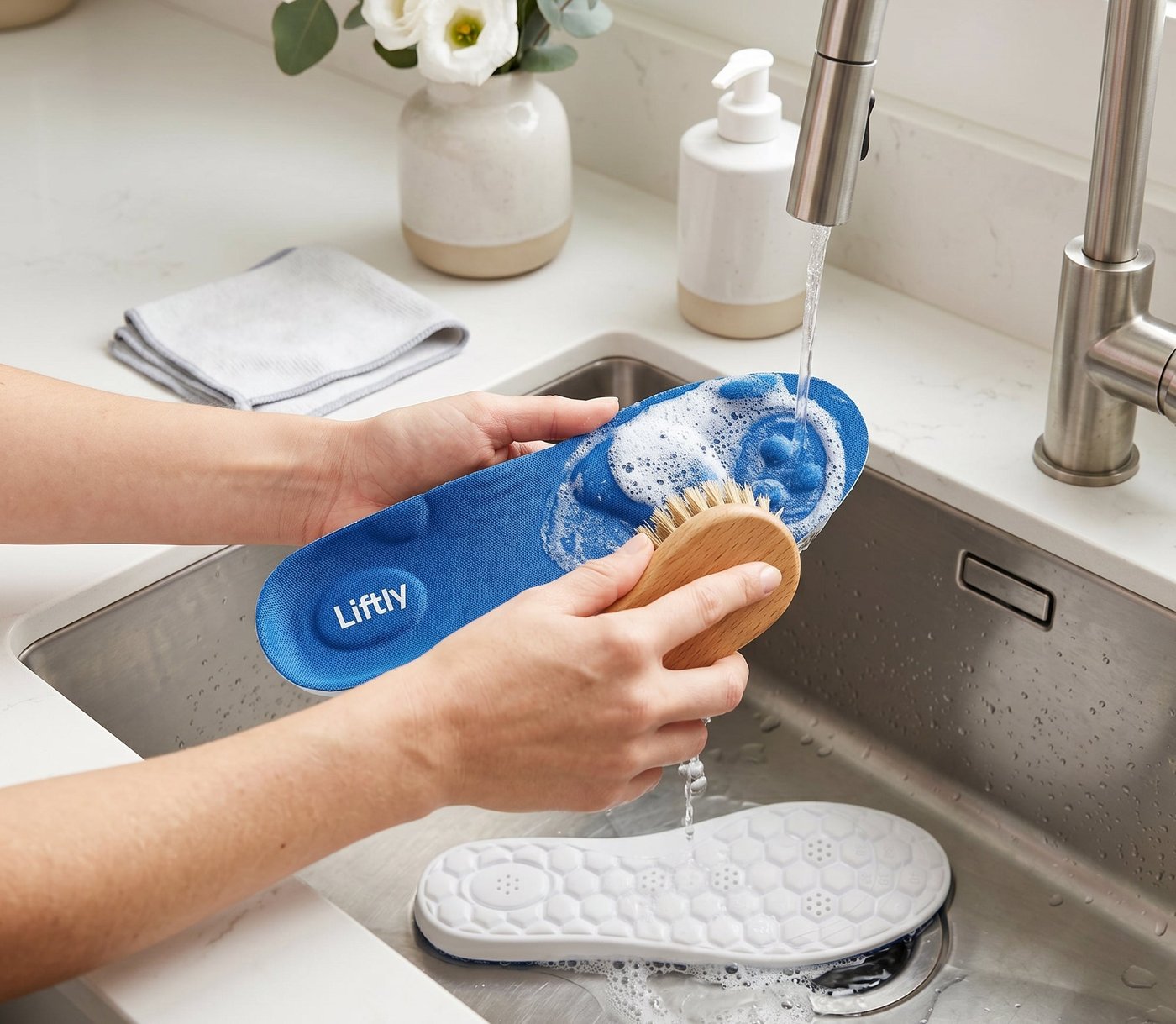 Liftly insole worn during a long walk outdoors