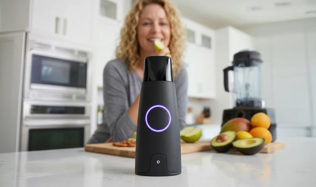 Lumen device on kitchen counter with smiling woman and fresh produce