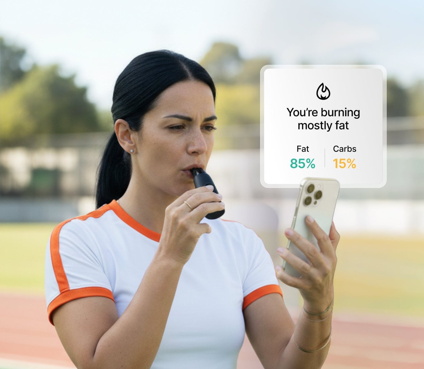 Woman with meal container and nutrition plan app in kitchen