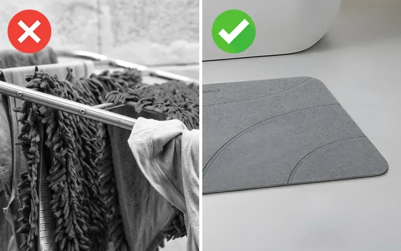 Side-by-side comparison of a traditional fabric bath mat and a modern stone bath mat