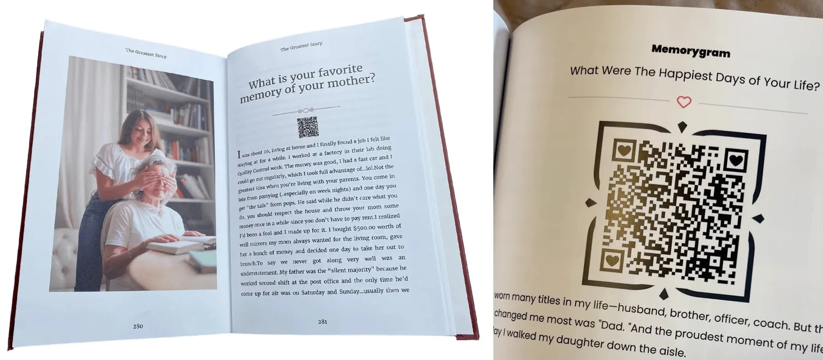 Open Memorygram book showing a photo, text, and a close-up of a QR code
