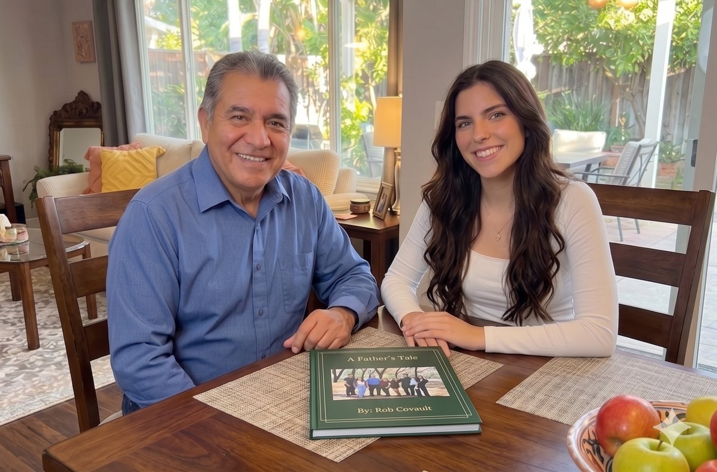 Two people sitting at a table with a personalized memory book titled 'A Father's Tale' in front of them