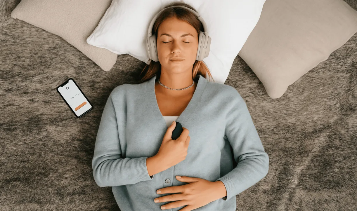 Person lying on bed with headphones, holding Moonbird on chest next to smartphone