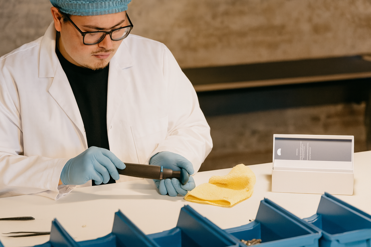 A person in a lab coat and gloves cleaning or inspecting a Moonbird device at a table