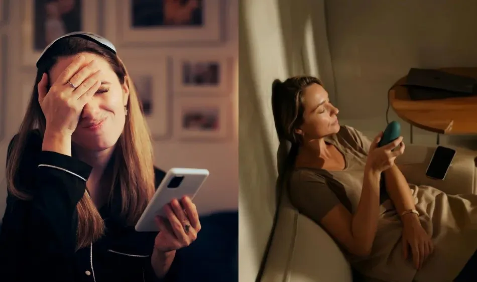 Three scenarios showing people using Moonbird in bed, at home, and at work with text labels
