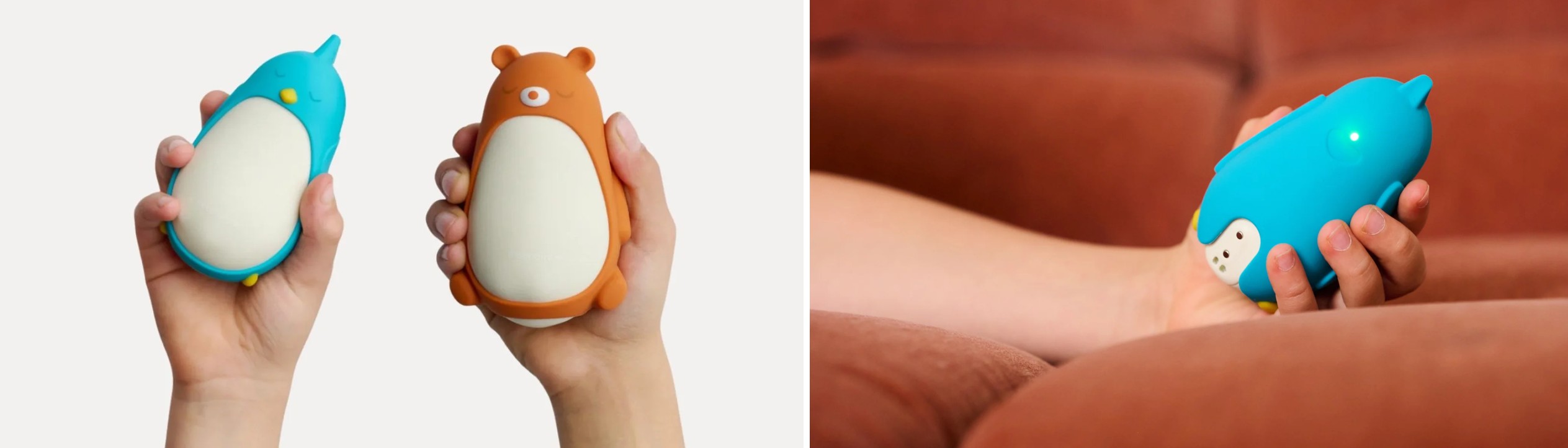 Two hands holding Moonbuddy characters and close-up of device's light