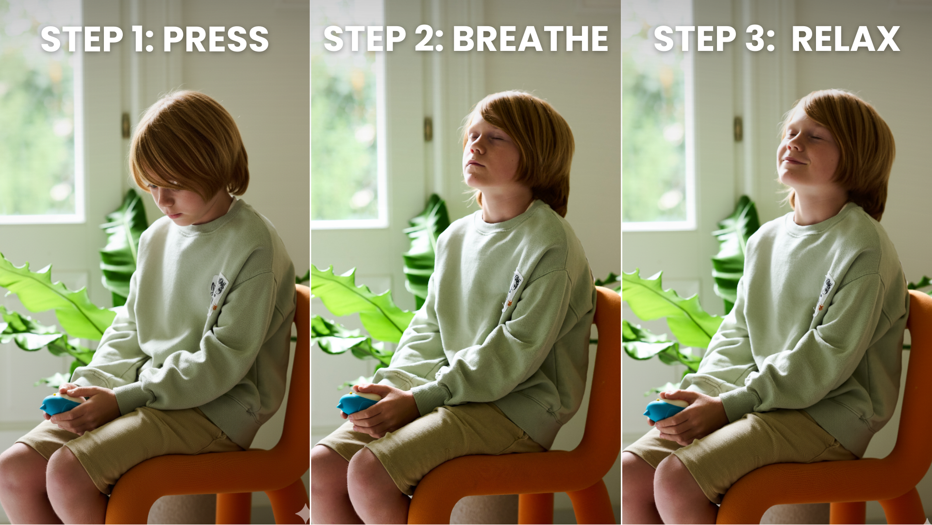 Step-by-step photo sequence of a child using Moonbuddy