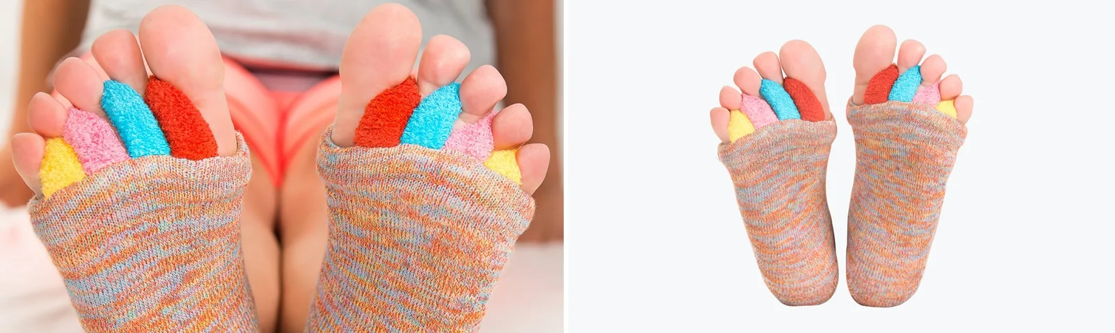 Two close-up views of feet wearing colorful toe separator socks