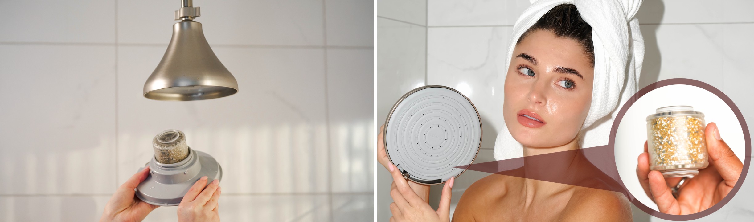 Hands assembling NUUD showerhead with close-up of filter cartridge