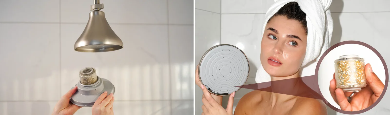 Hands assembling NUUD showerhead with close-up of filter cartridge