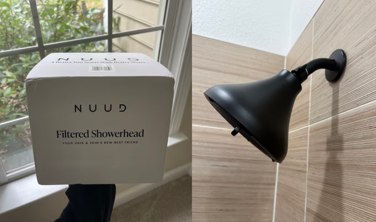 NUUD Filtered Showerhead packaging and installed unit
