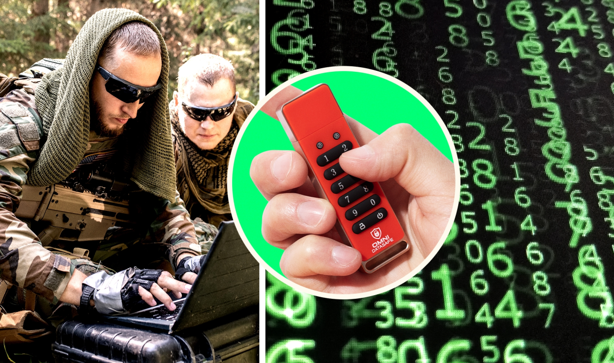 Collage of people in military gear and a hand holding a keypad-secured USB drive