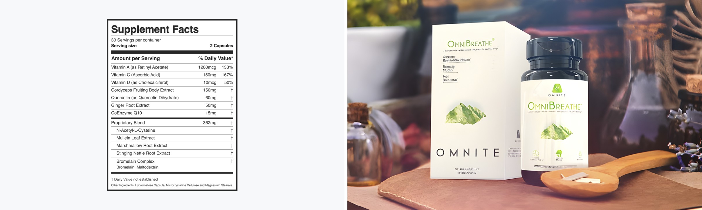 OmniBreathe supplement facts label and product packaging side by side