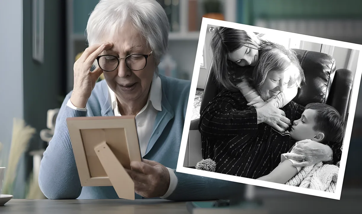 Customer photo of older woman with family photo inset