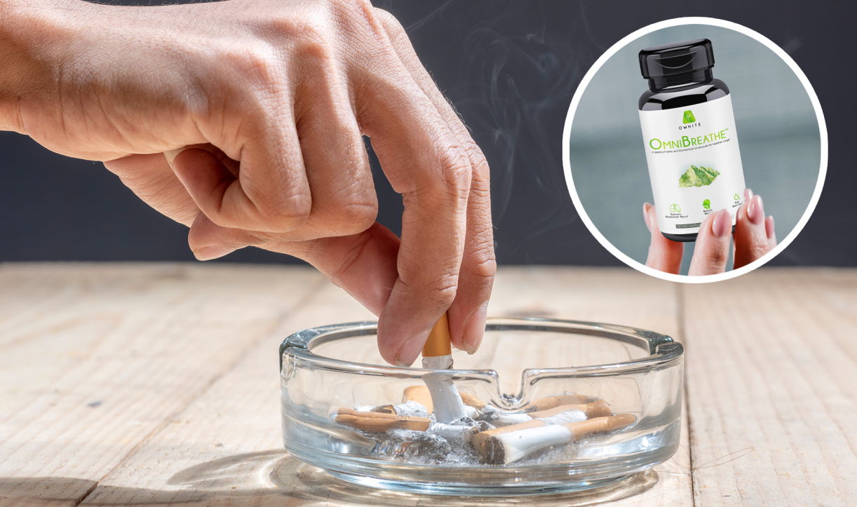 Hand stubbing out cigarette with OmniBreathe bottle inset