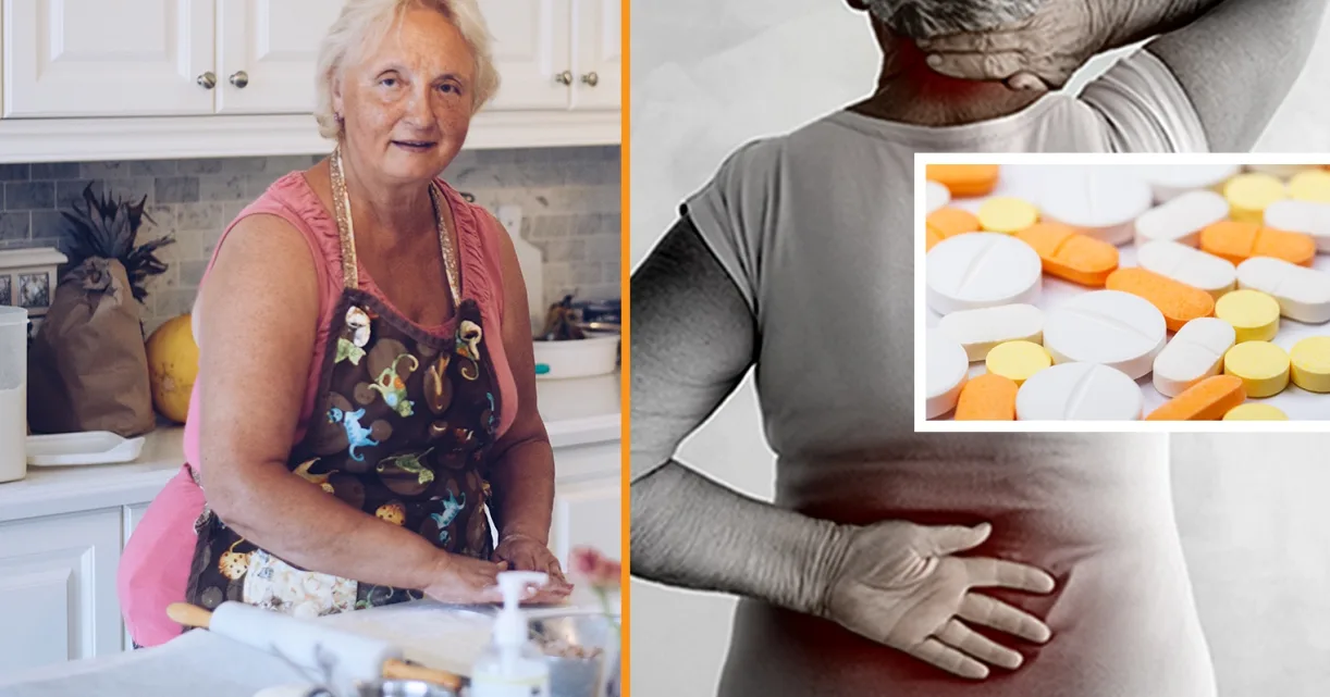 Collage: older woman, lower back pain, and pills