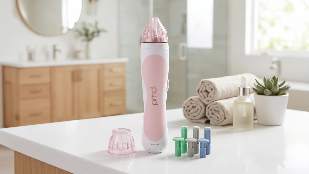 PMD Personal Microderm device and attachments displayed on a bathroom counter
