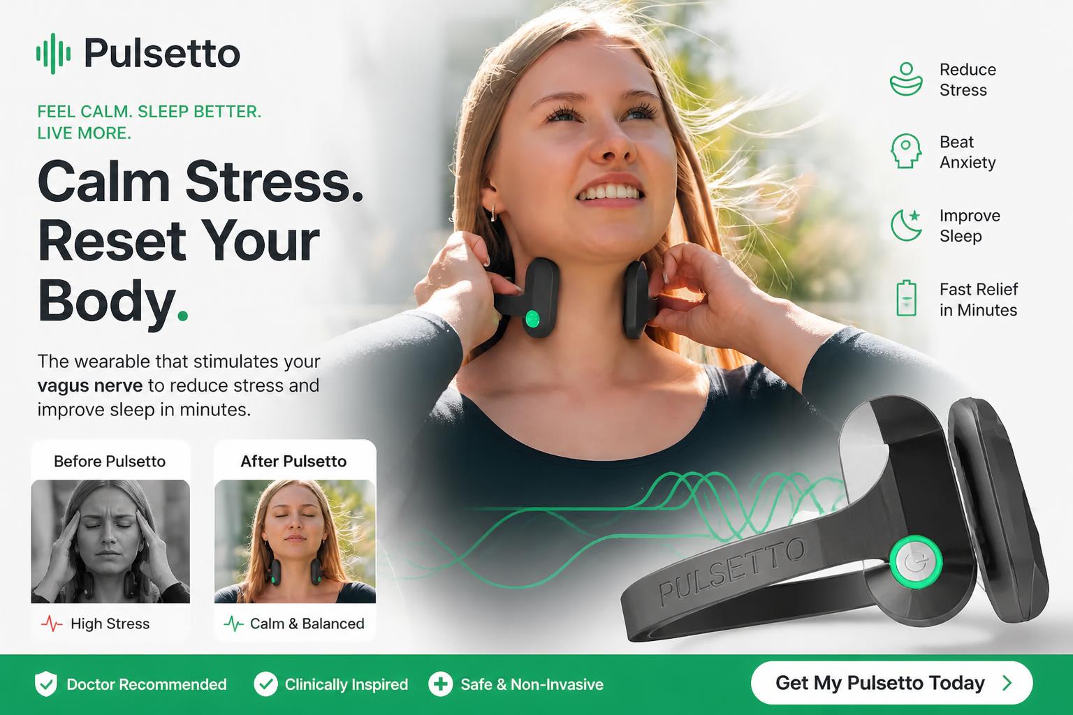 Pulsetto promotional graphic with comparison chart and app interface