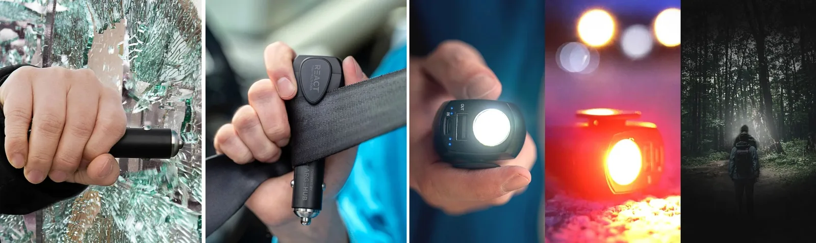 React 7-in-1 tool used to break a window, cut a seatbelt, and as a flashlight
