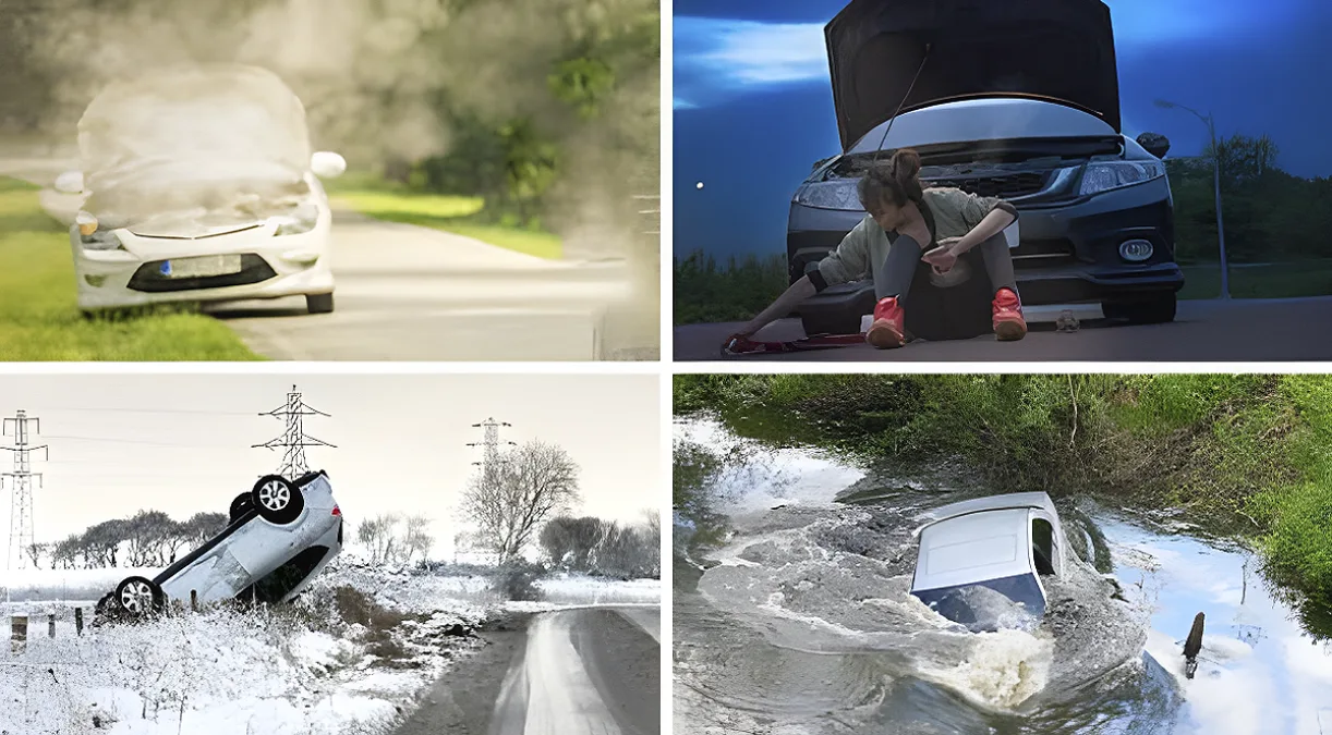 Four scenarios showing cars in emergency situations, including breakdowns and accidents