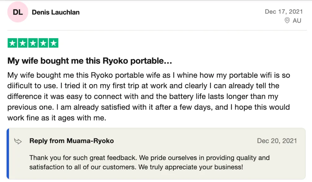 A screenshot of a customer review and company reply about the Ryoko portable wif