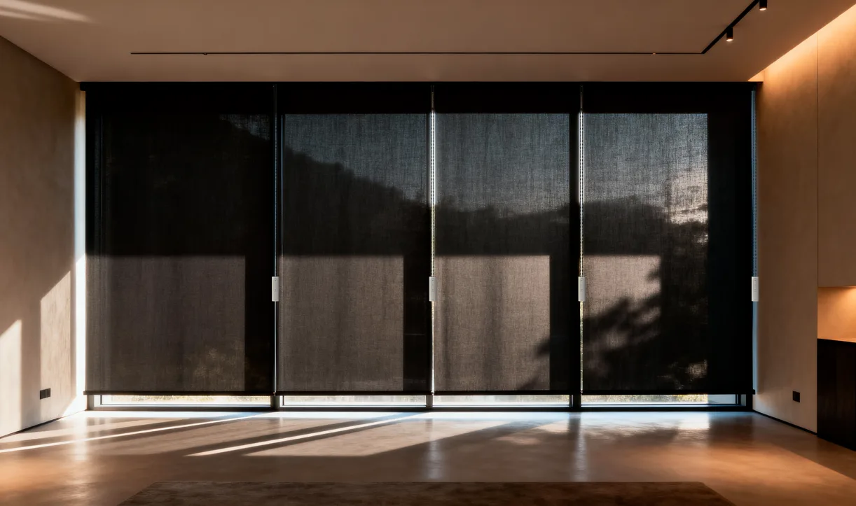 Four large automated window blinds fully closed in a modern living room