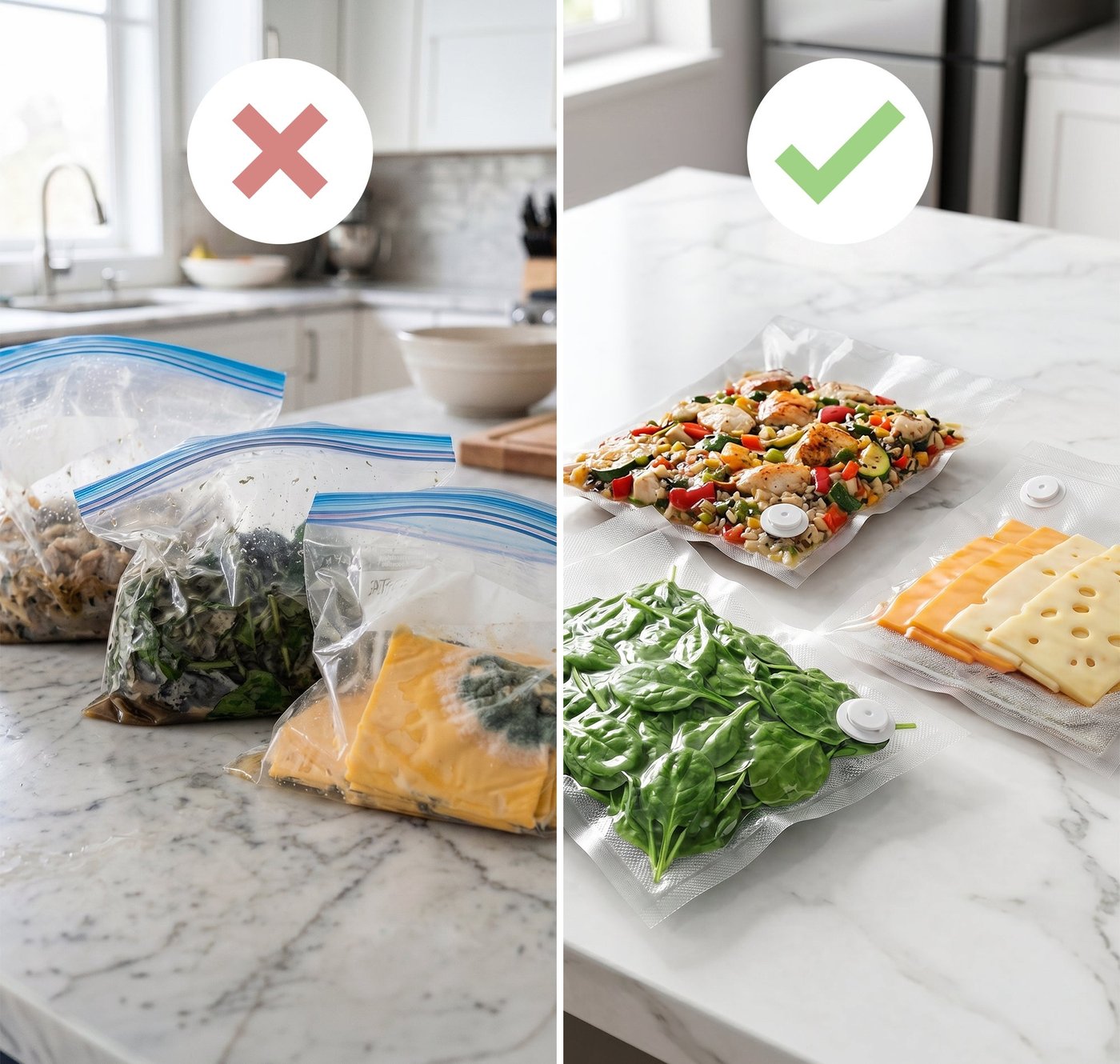 Side-by-side comparison of traditional zipper bags versus vacuum-sealed bags with food inside