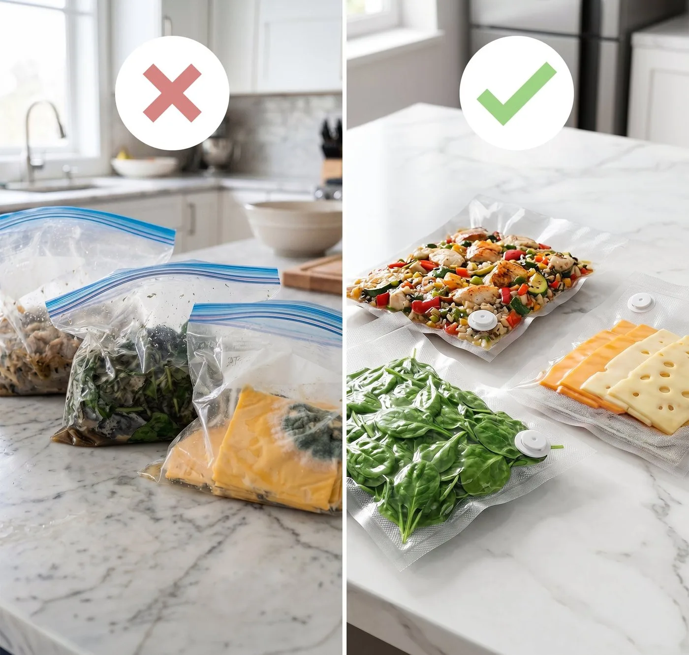 Side-by-side comparison of traditional zipper bags versus vacuum-sealed bags with food inside