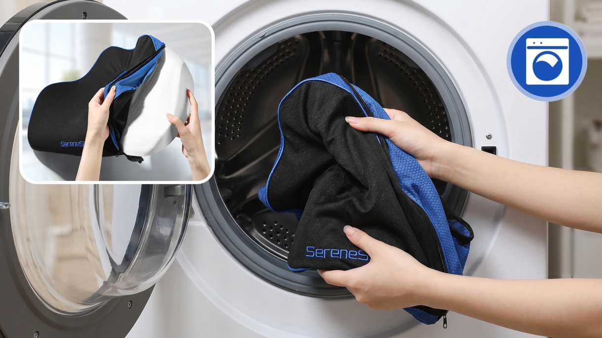 SerenesitZ cushion cover being removed and placed in a washing machine