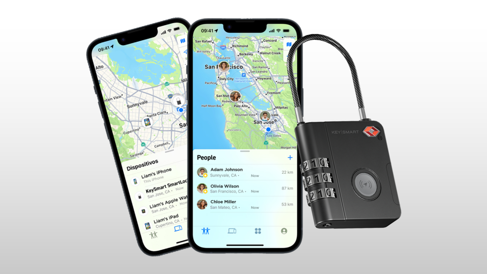 Two smartphones displaying tracking apps and a smart lock on a gradient backgrou