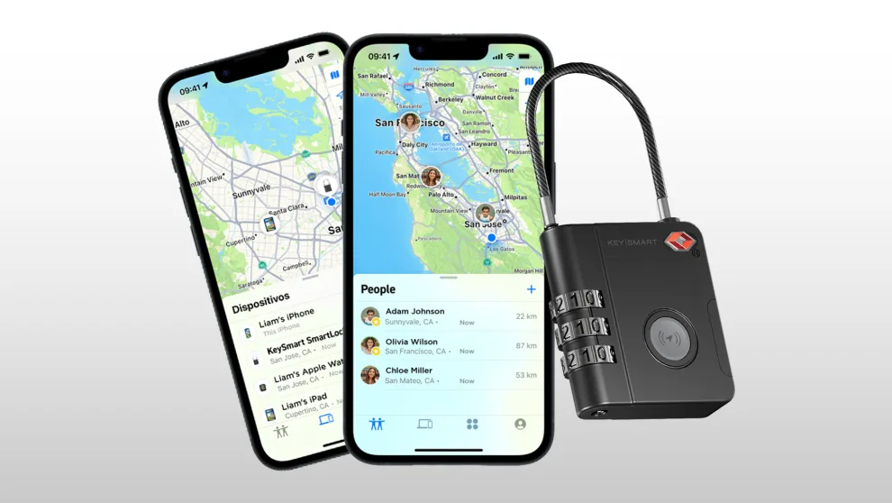 Two smartphones displaying tracking apps and a smart lock on a gradient backgrou