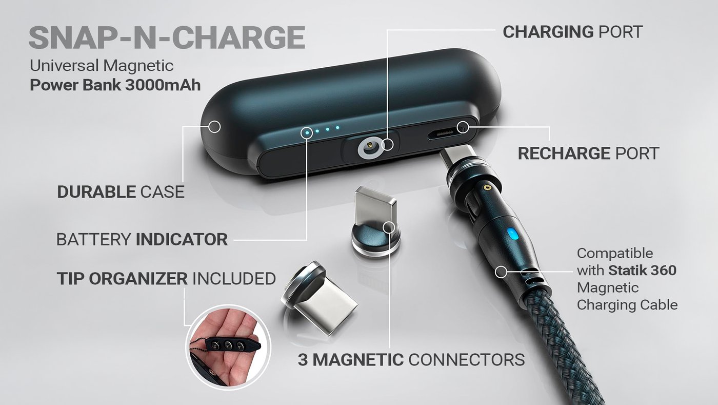 Diagram showing Snap-N-Charge magnetic connector features