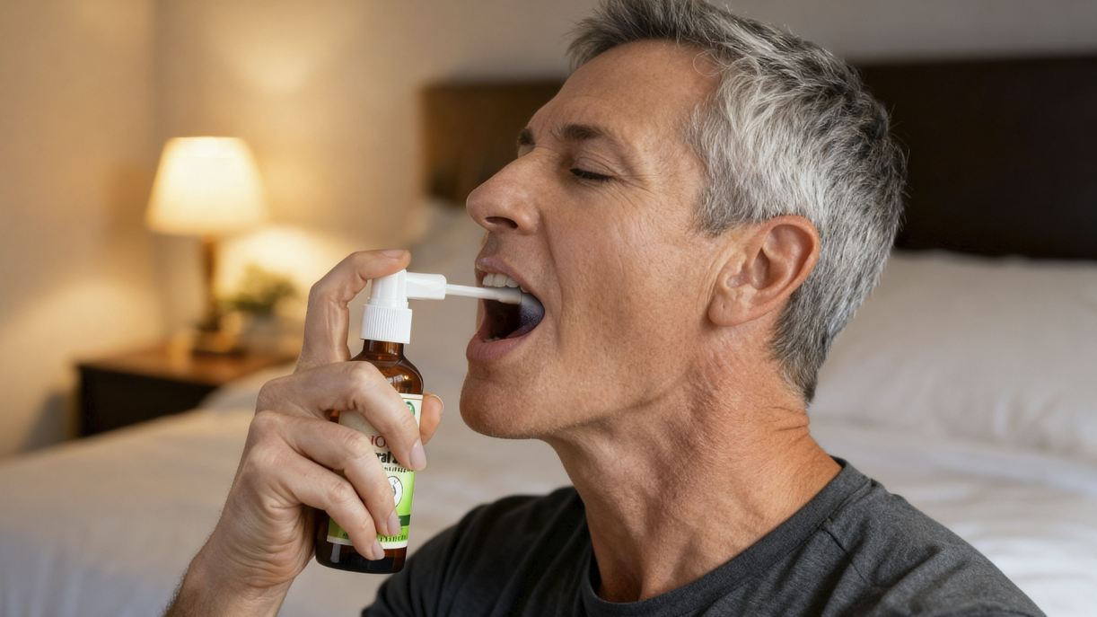 A man using SnoreStop Oral Spray by spraying it into his mouth in a bedroom setting