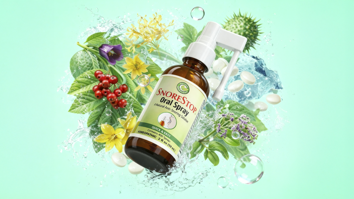 SnoreStop Oral Spray bottle surrounded by illustrated natural ingredients and water splashes