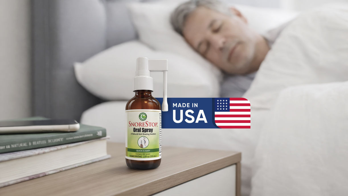 SnoreStop Oral Spray on a bedside table with a man sleeping in the background and a 'Made in USA' badge