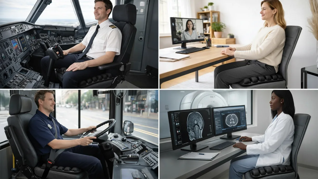 Four people using the cushion in cockpit, office, bus, and medical office