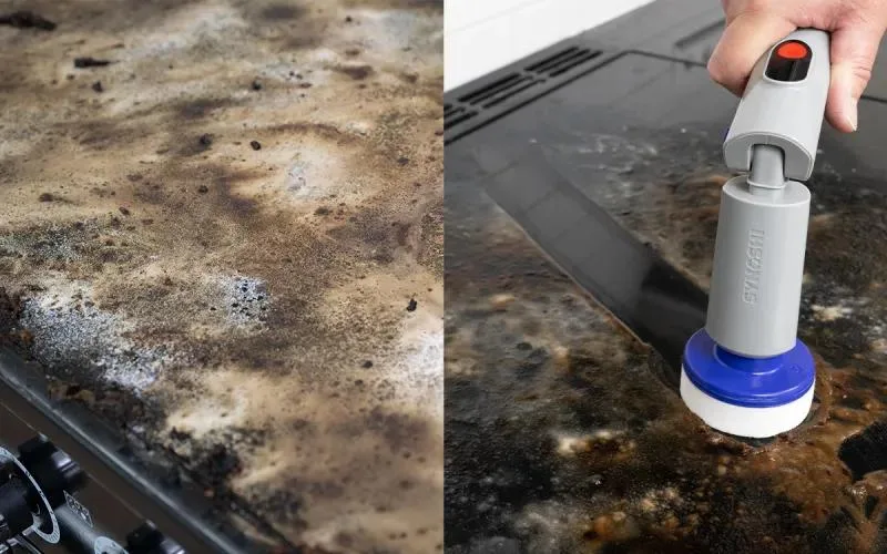 A person using a motorized cleaning brush to clean a dirty stovetop