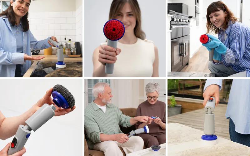 Collage of people using the cleaning device in various home settings