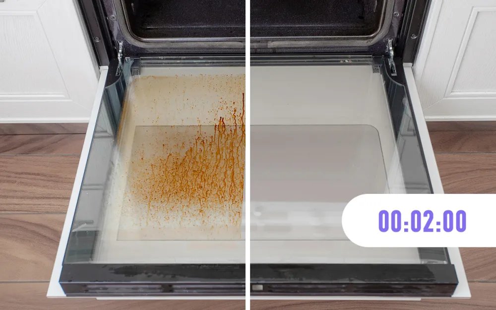 Four-way split image showing a cleaning brush being used on different dirty surfaces