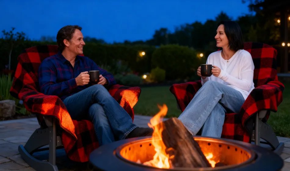 Person sitting by a firepit with the Chair Blanket, showing headrest detail
