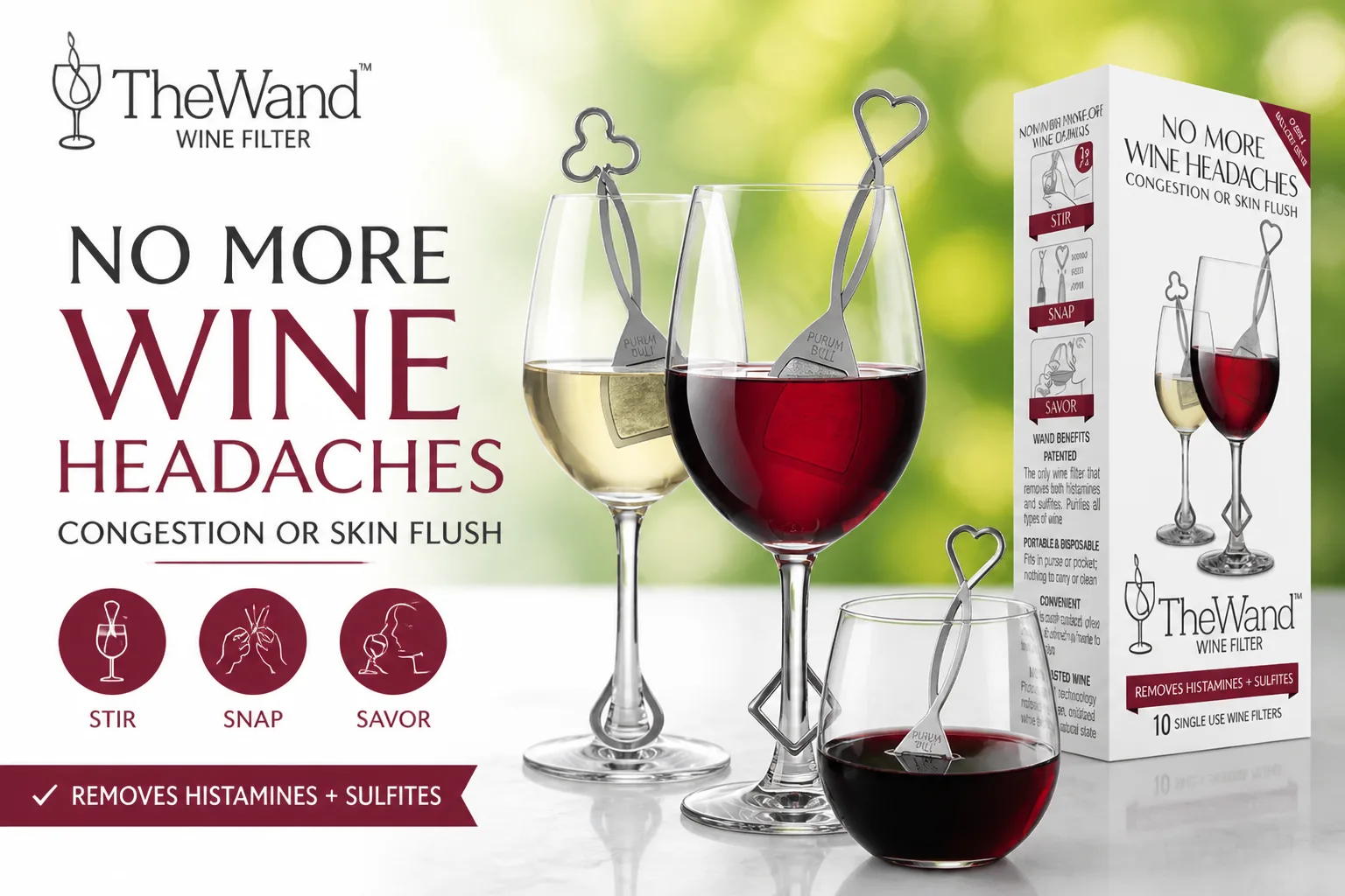 Promotional image with The Wand wine filter, glasses, product box, and marketing