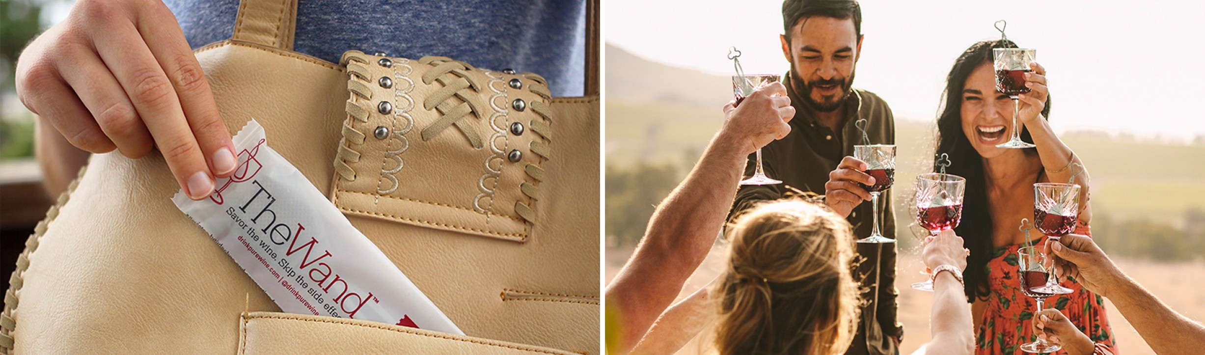 The Wand wine purifier being packed in a handbag and a group toasting with wine
