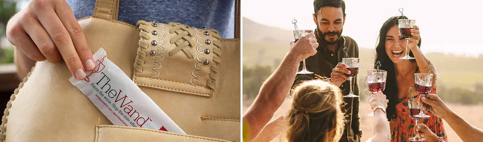 The Wand wine purifier being packed in a handbag and a group toasting with wine