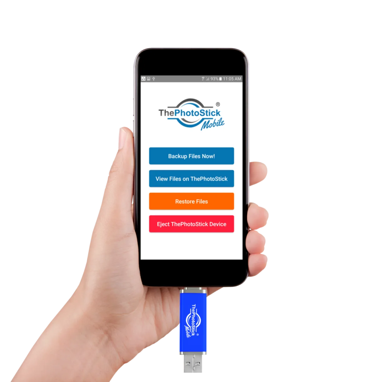 A hand holding a smartphone with ThePhotoStick Mobile device plugged in, displaying the app interface
