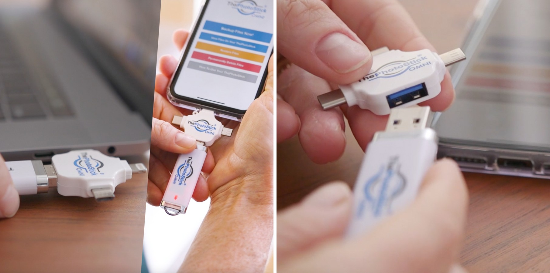 ThePhotoStick OMNI being plugged into both a laptop and a smartphone, showing USB connectors